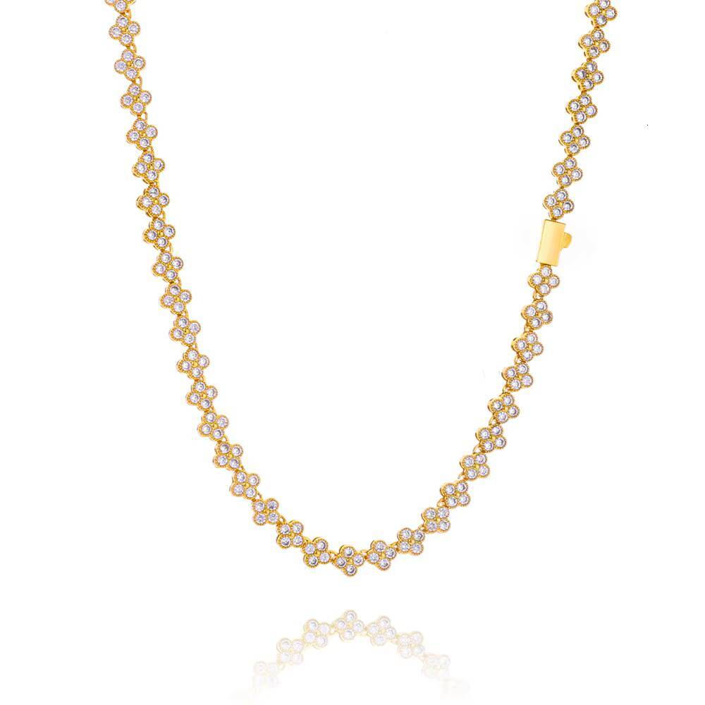 NUOYA Women Diamond Chain Gold Plated Four Leaf Clover Plum Blossom Chain Shiny Hip Hop Jewelry Zircon Link Necklace