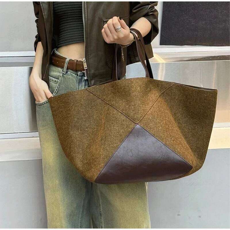 Genuine Large Capacity Tote Fashion Suede Geometric Patchwork Leather Shoulder Bag Women Retro Brown Handbag