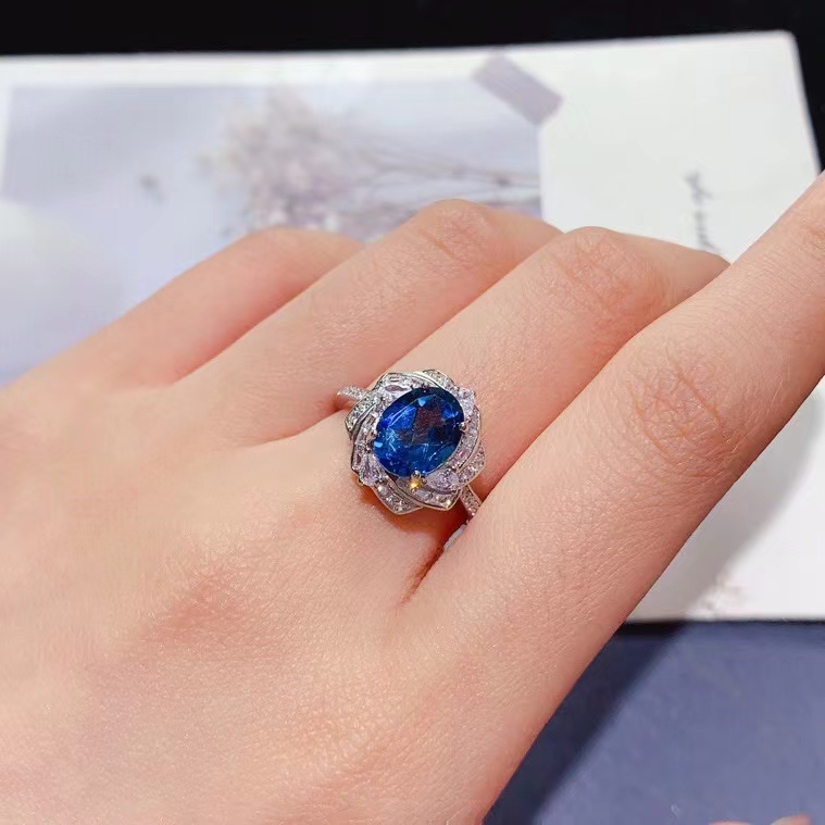 Deep blue natural topaz ring 7mm*9mm VVS grade genuine London blue topaz 925 silver ring for engagement