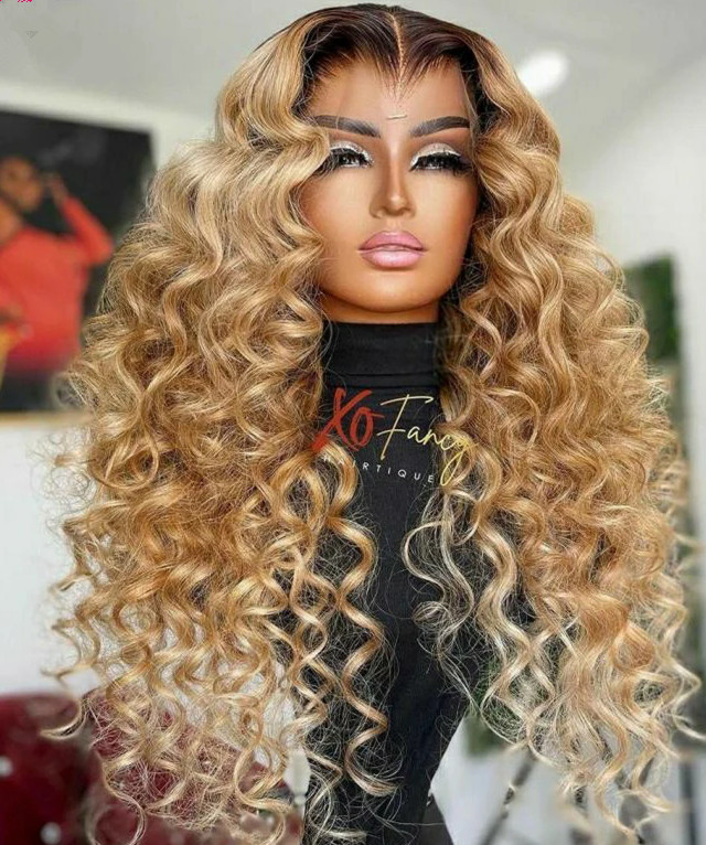 Dark roots Honey Blonde curly Human Hair Wigs For Black Women loose deep wave Wig Human Hair loose Curly hd lace front Frontal Wig