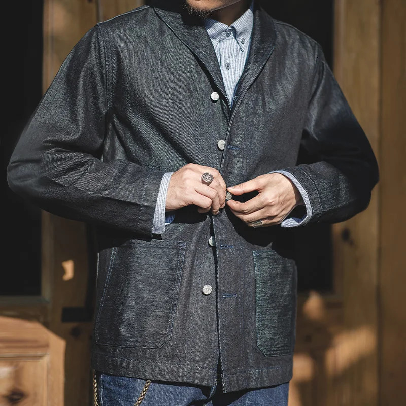Maden Vintage 135oz Denim Jacket for Men Classic Solid Color Collar Cotton Hunting Style with Pockets Coat Autumn Blazers 250730
