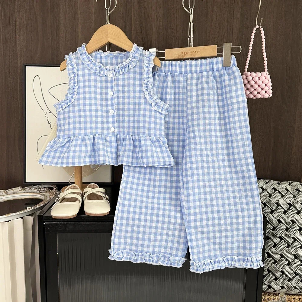 Blue and White Grid Fresh Casual Girls Clothing Lace Sleeveless Single Breasted Vestwide Leg Pants Two-piece Set for Summer 250729