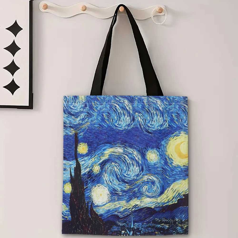 Canvas Bag Van Gogh Series Canvas Bag Oil Painting Starry Night Sunflower Apricot Flower Coffee Holder Handbag 30X35cm G250729