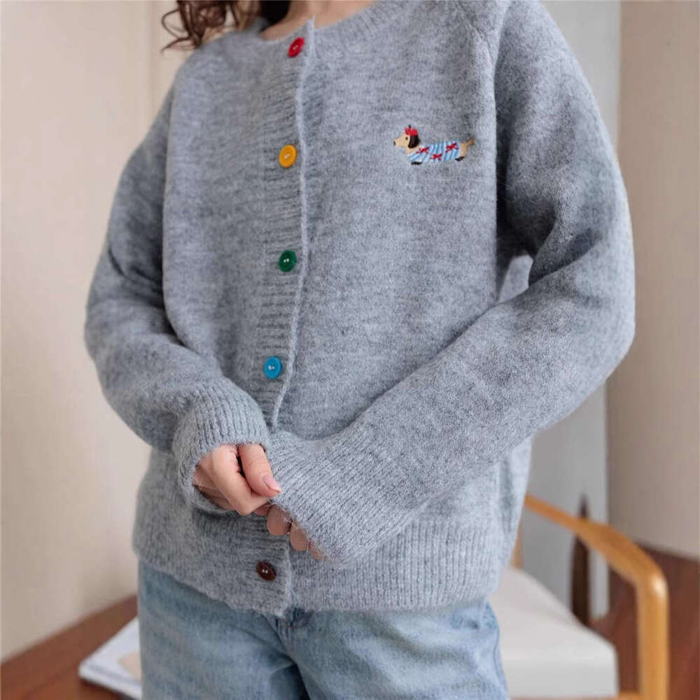 Round Neck Colorful Button Puppy Embroidery Long Sleeve Sweater Cardigan For Women Autumn Korean Style Versatile Top B5 h6