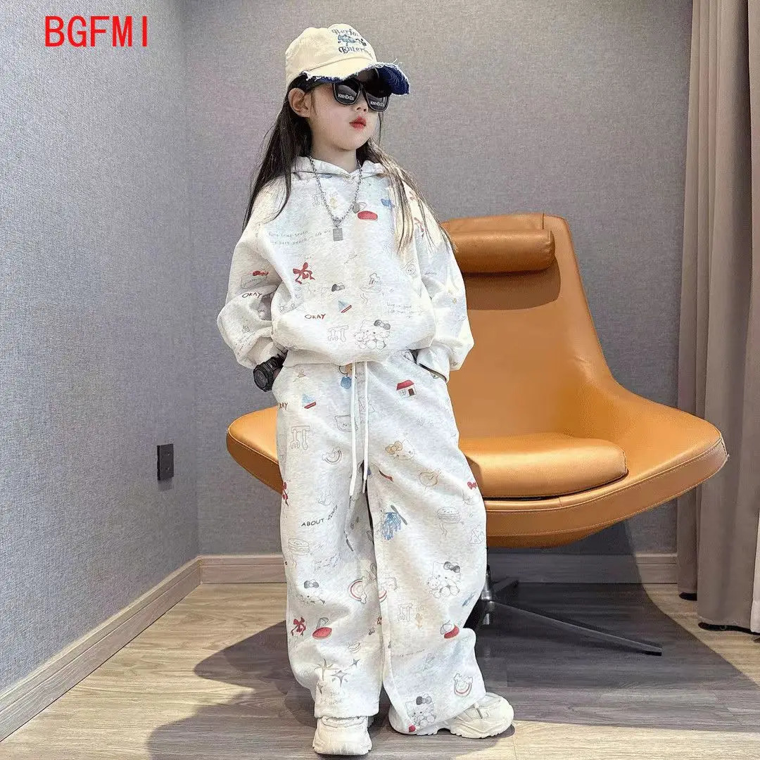 5-14Y Kids Casual Tracksuit Children Boys Cotton Zipper Hooded Jacket Loose Wide Leg Pants Set 2Pcs Sets Teen Girls Sport Suit 250729