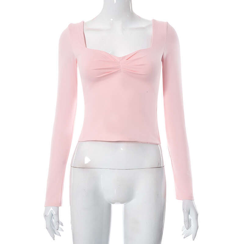 Y23tp1 Women's Autumn INS New Solid Color Square Neck Long Sleeve Gathered Side Slit Top T-Shirt For Women B5