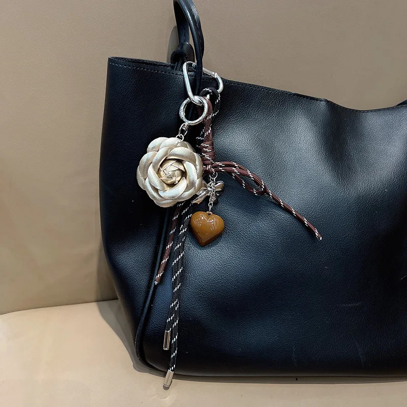 Trendy style camellia flower Backpack pendant Hand woven rope Hangings love heartKey Chain 250729