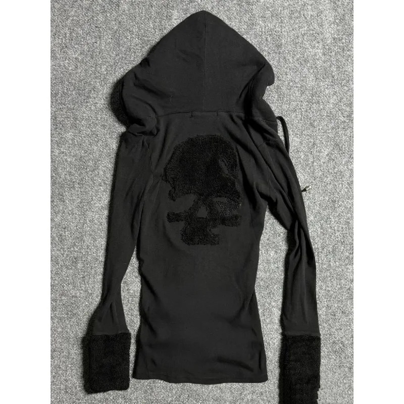Deeptown Y2k Black Vintage Printed Hoodies Women V Neck Long Sleeve American Fashion Hooded Sweatshirt Streetwear Hip Hop Spring 250730