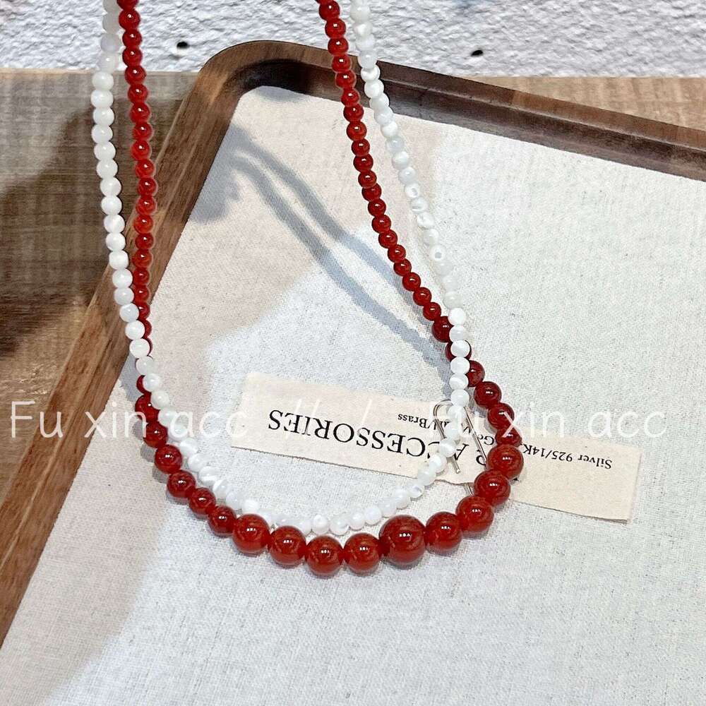 Natural Red Agate Beaded Necklace for Women, Light Niche White Mother-of-Pearl Bead Collarbone Chain, High-End Versatile Sweater Chain c31