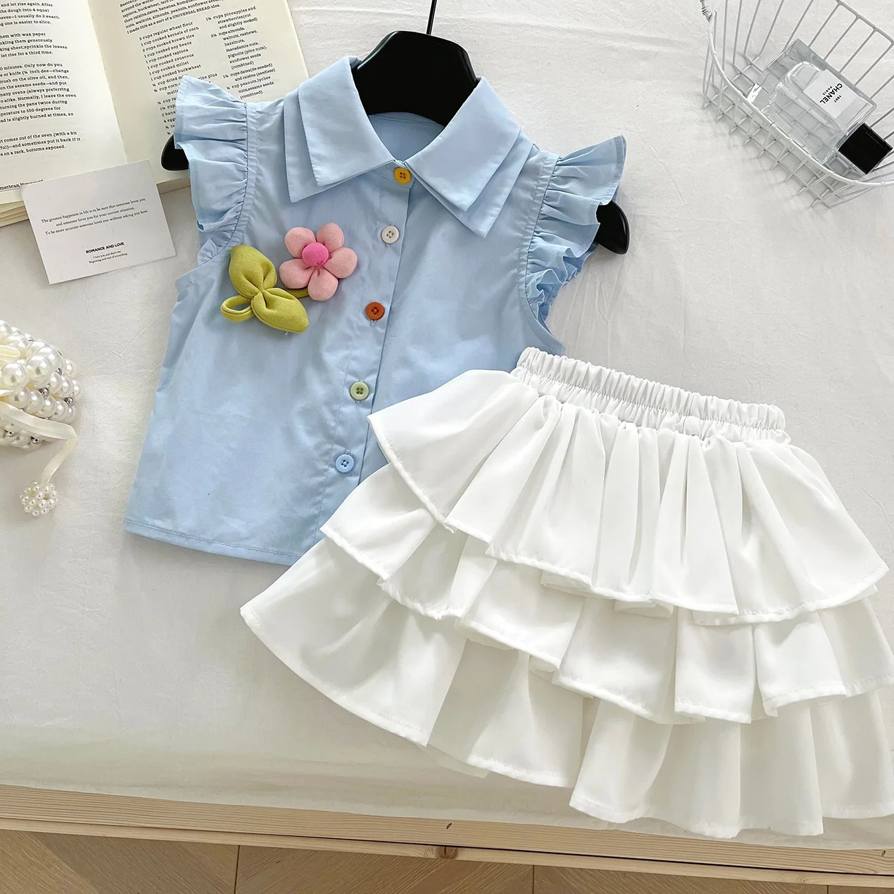 Summer Kid Girl 2PCS Clothes Set Cotton 3D Flower Fly Sleeve Polo Shirt Suits Loose Cake Princess Skirts Outfit Infant Girl Suit 250729
