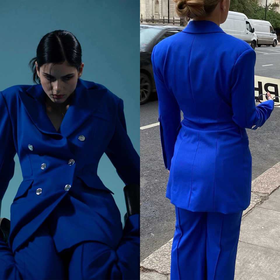 Royal Blue Women Pants Suits Slim Fit Long Jacket Ladies Prom Birthday Party Formal Wear Outfit Flared Trousers 2 Pieces Customized