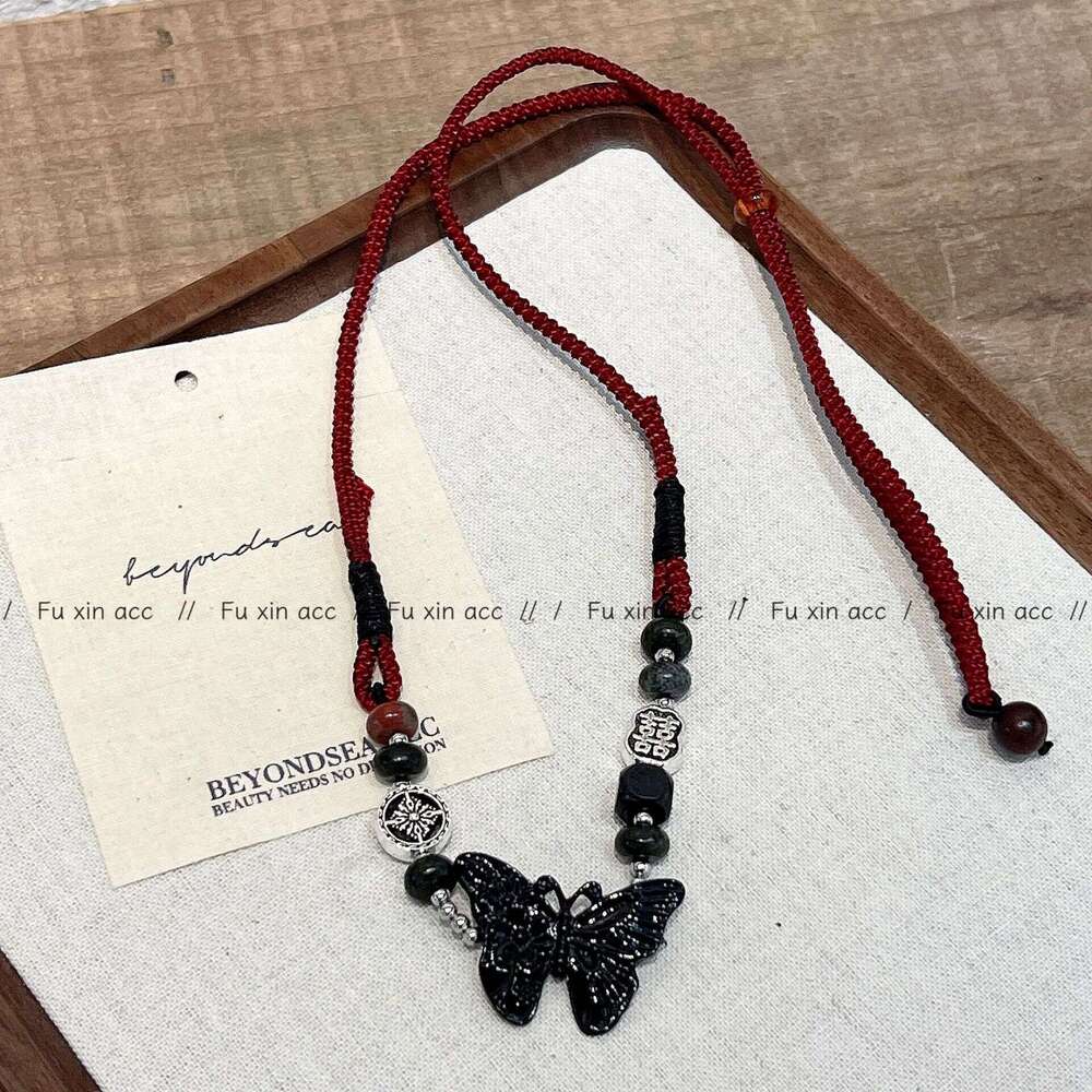 New Chinese Style Beaded Butterfly Necklace for Women, Niche High-end Feel, Double Happiness Drawstring Collarbone Chain, Light Cute Jewelry 855