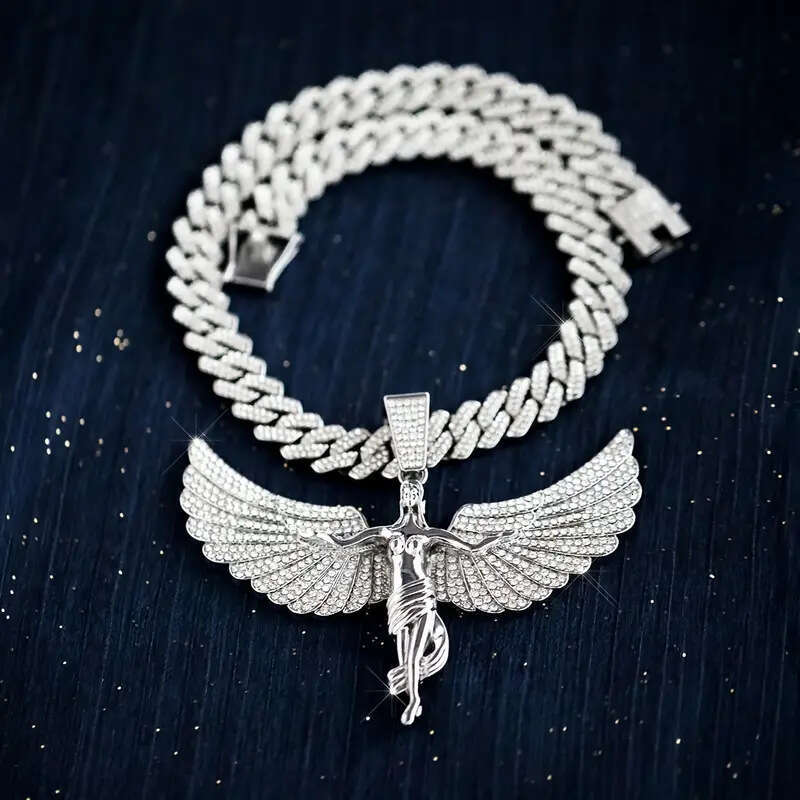 TEMU Zinc Alloy Full Dia Multicolor Goddess Angel Large Pendant Hip Hop Style Exaggerated Cuban Chain Unisex Necklace