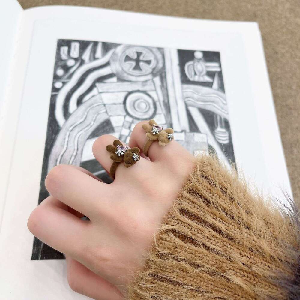 Autumn Winter New Flocked Flower Decoration Rhinestone Cute Girly Earrings Stud Fashionable Bear Heart Ring 153