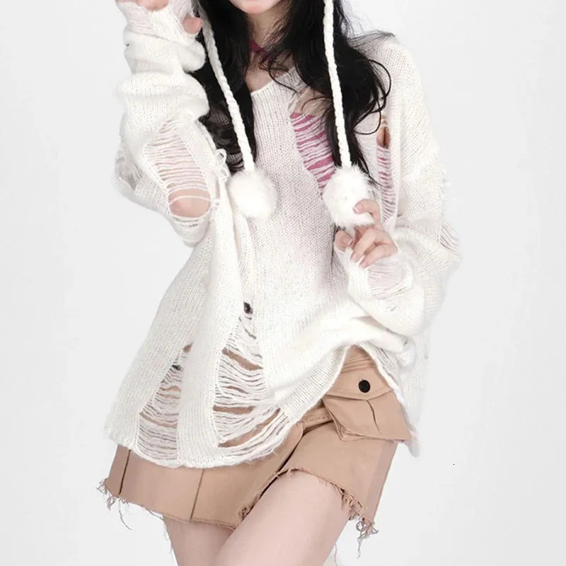 Oblique Shoulder Hollowed Out Top Casual Lazy Pullover Loose Knit Womens Autumn Hollowed Out Sweater Long Sleeve Womens Trend 250723