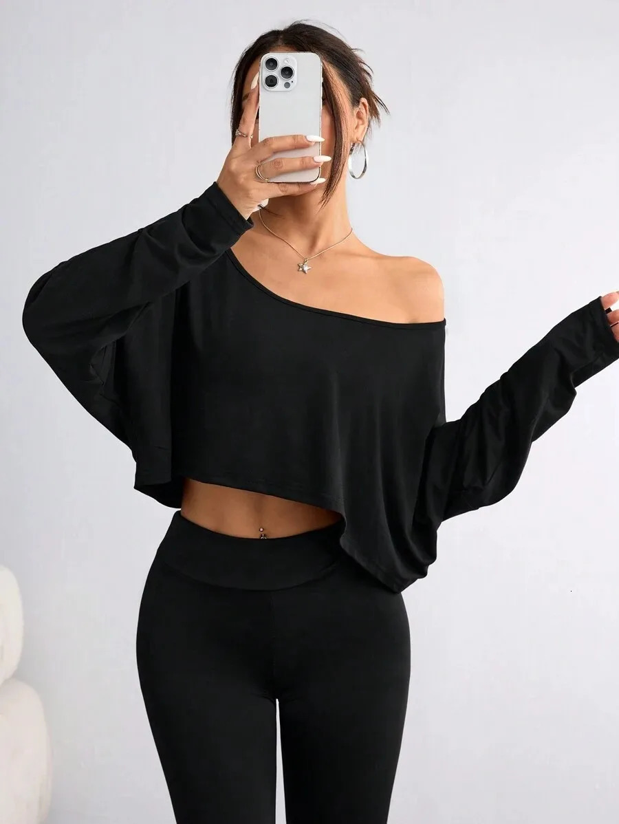 Womens Black Long Sleeve Blouse Tshirt Casual Asymmetrical Neck Strapless Top for Sporty 250729