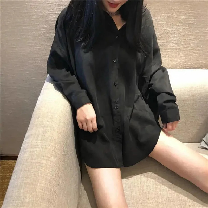 Minimalist Oversize Full Sleeve Women Basic Black Shirt Button Up Blouse Turn Down Collar BF Long Shirts Autumn Cardigan Tops 250729