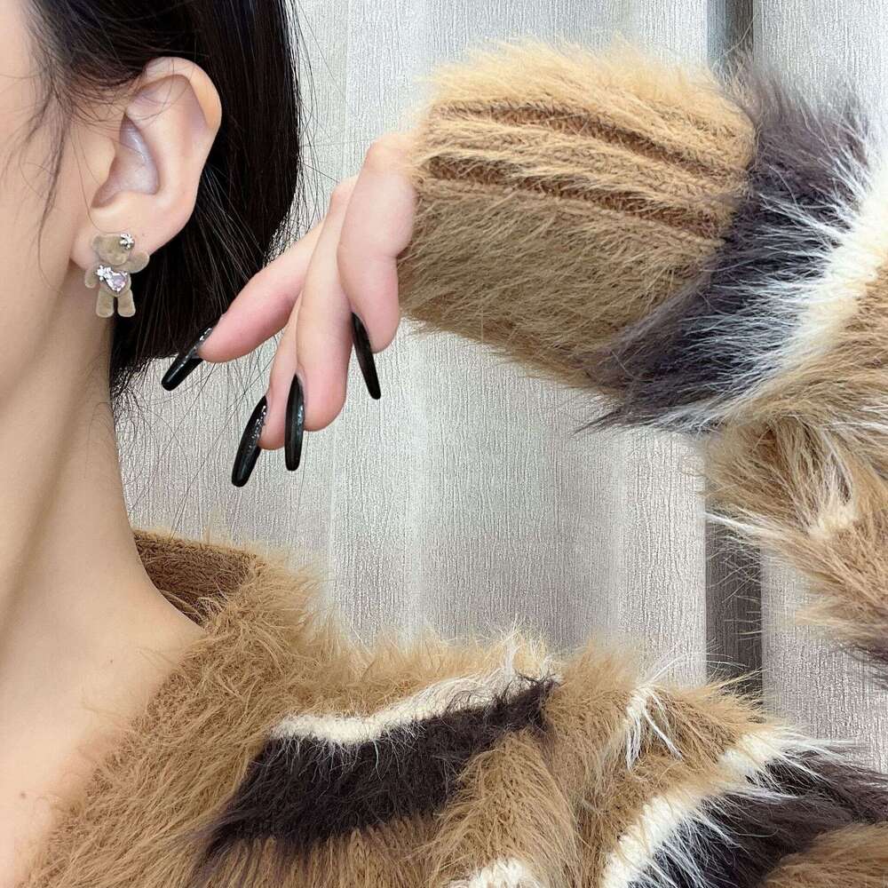 Autumn Winter New Flocked Flower Decoration Rhinestone Cute Girly Earrings Stud Fashionable Bear Heart Ring 153