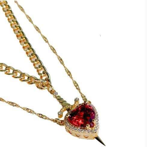 Stainless Steel Valentine's Day Red Crystal Heart Dagger Pendant Layered Hollow Necklace