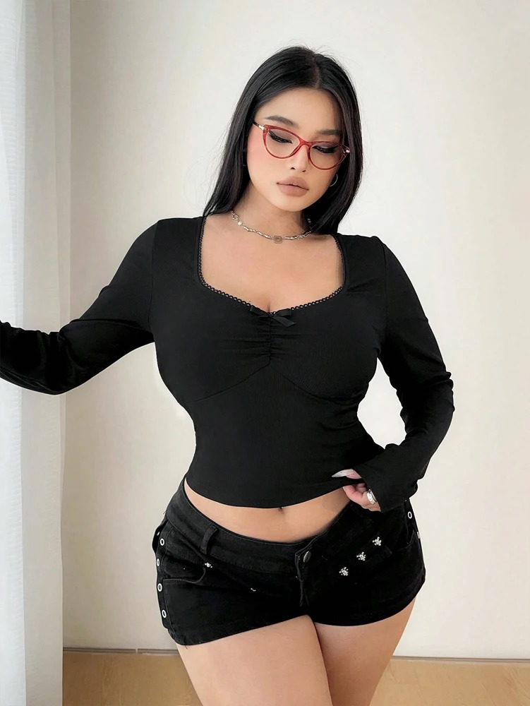 Plus Size Women Spring Autumn Casual Solid Color Lace TShirt Long Sleeve Black Tops Polyester 250729