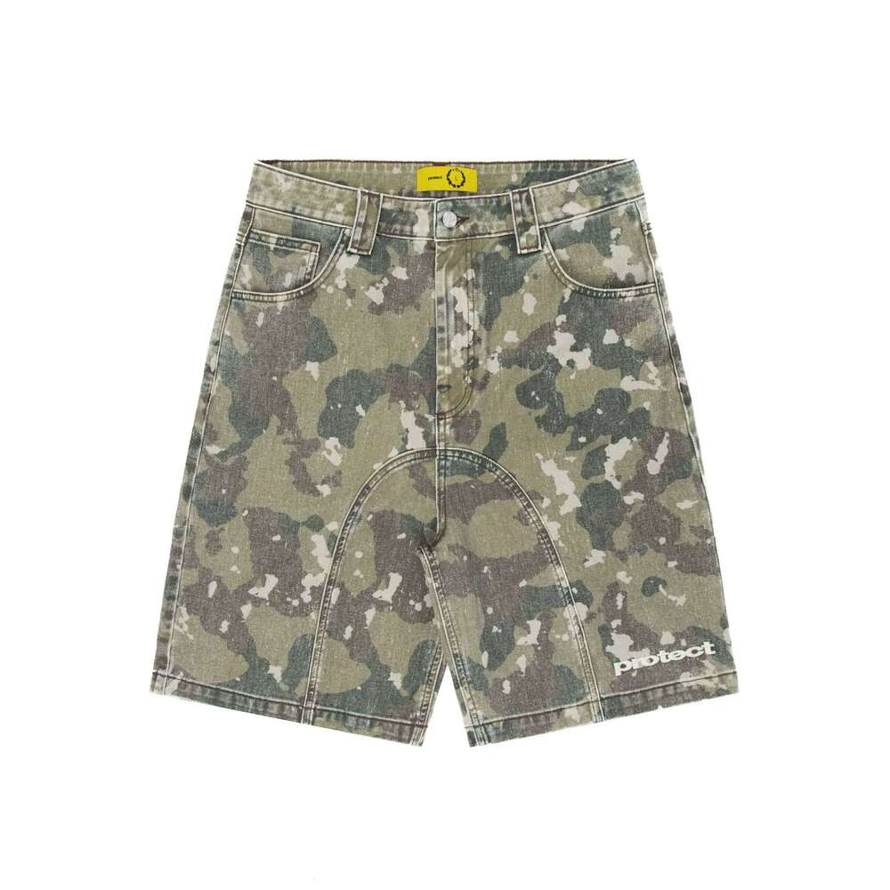 American Retro Denim Y2K Jeans Letter Embroidery Washed Camouflage Baggy Shorts Low Waist Over The Knee Pants