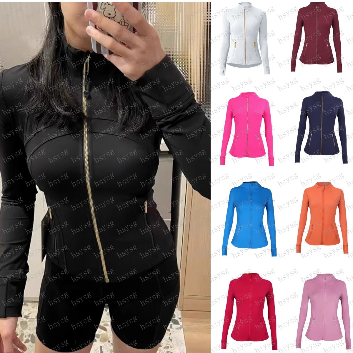 Yoga Jacket With Gold Zipper Women Workout Sport Coat Fitness Gym Long Sleeve Tops Breathable Quick Dry Activewear Solid Sweatshirt Jogging Sportwear