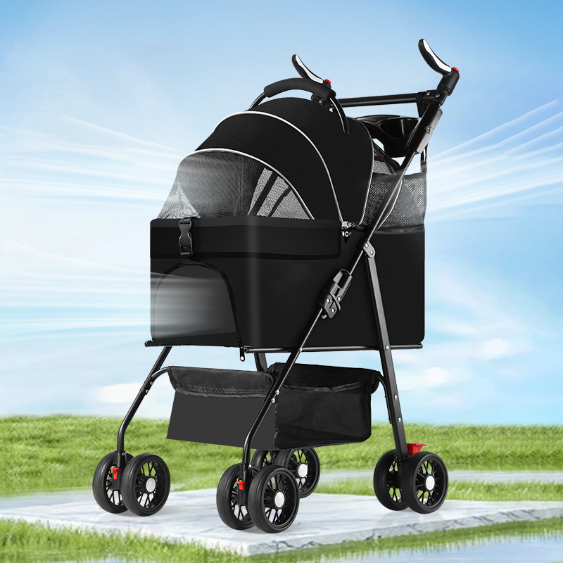 Pet stroller suitable for small and medium-sized cats and dogs, with detachable straps, easy to fold, detachable lining, storage basket+cup holder