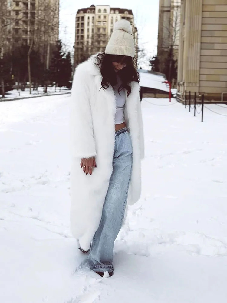 130cm Super Long Fluffy Faux Fur Coat Women Jacket Winter Lapel Thickened White Faux Fur Coats Jacket for Women Outerwear 250723