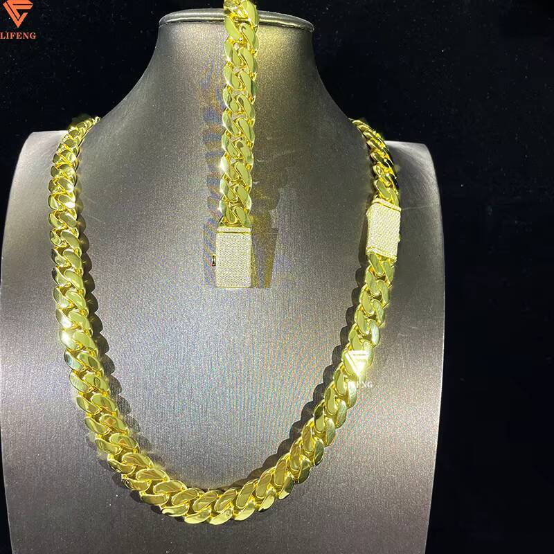 Custom 18K Gold Plated 14mm Cuban Link Chain Iced Moissanite Necklace Solid Sterling Hiphop Plain Cuban Link Necklace