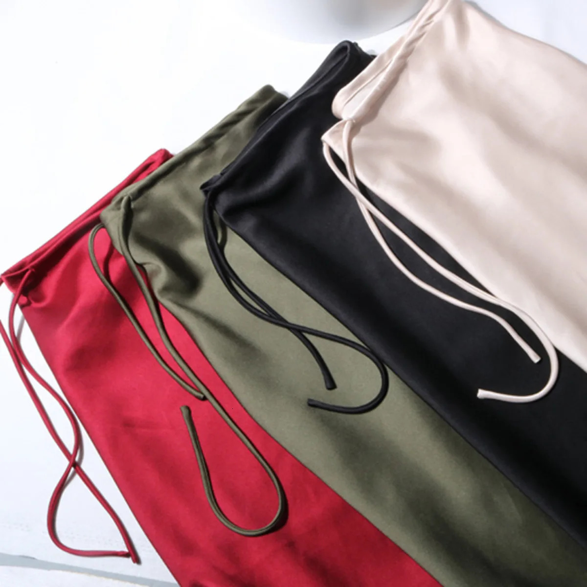 In Spring Summer Solid Color Satin Long Skirt For Women High Waist LaceUp Fashion Elegant Faldas 250730