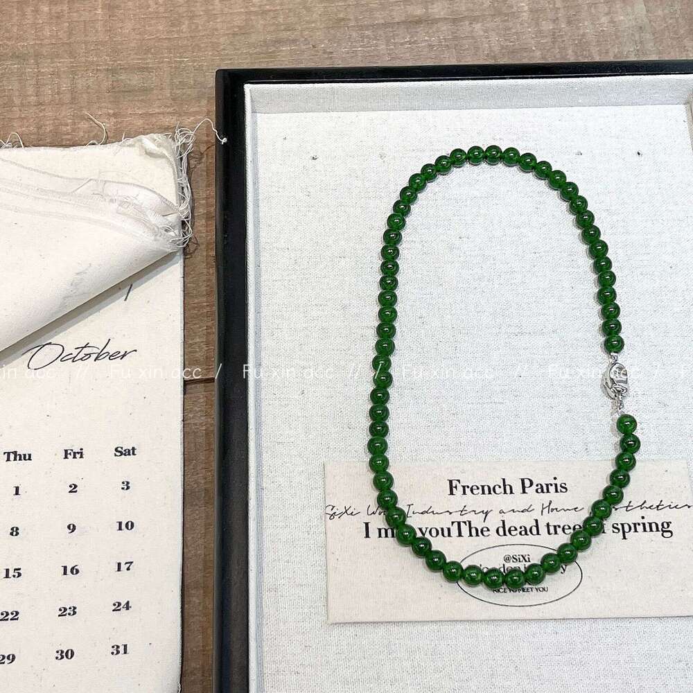 Natural Green Chalcedony Jade Beaded Necklace Design Sense New Chinese Style Collarbone Light Ultra Smooth Neck Chain Versatile b70