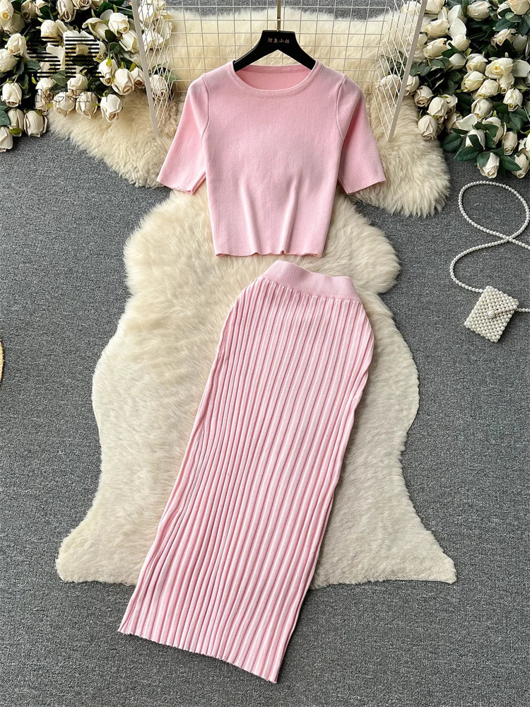 Casual Two Piece Sets Women Summer O Neck Top Elastic Waist Long Skirt Fashion Office Lady Korean Knit Suit 250729