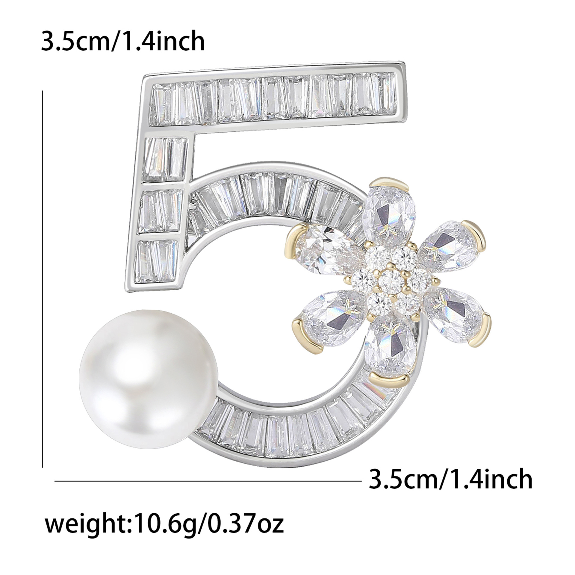 Silver Tone Rhinestone - Encrusted Number 5 Brooch With Pearl And Flower Accents Elegant Daily Jewelry And Gift For Her High Quality And Stylish Jewel