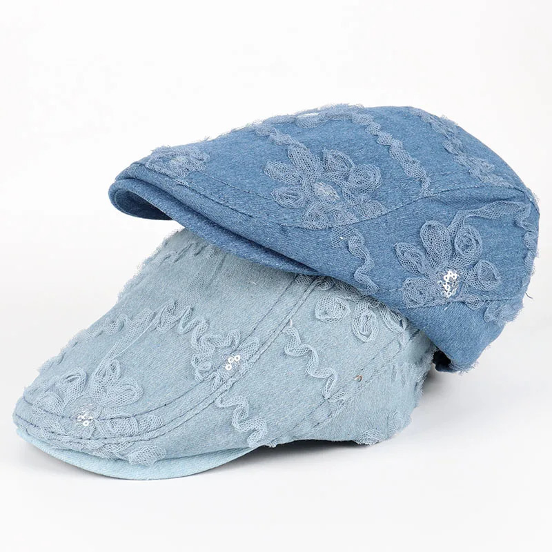 Lace Denim Beret Women 2025 France boinas de mujer Spring Summer Womens Hat sboy Cap Vintage y Blinders Denim Flat Hats 250729