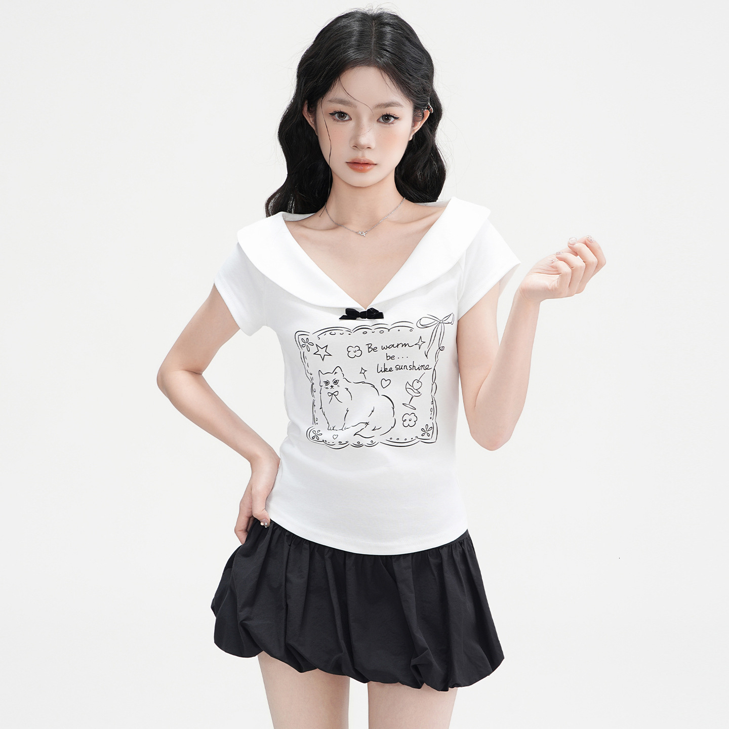 2025 Jiyou Korean style doll collar shoulder short sleeved women's summer new bow design top new designer T-shirt