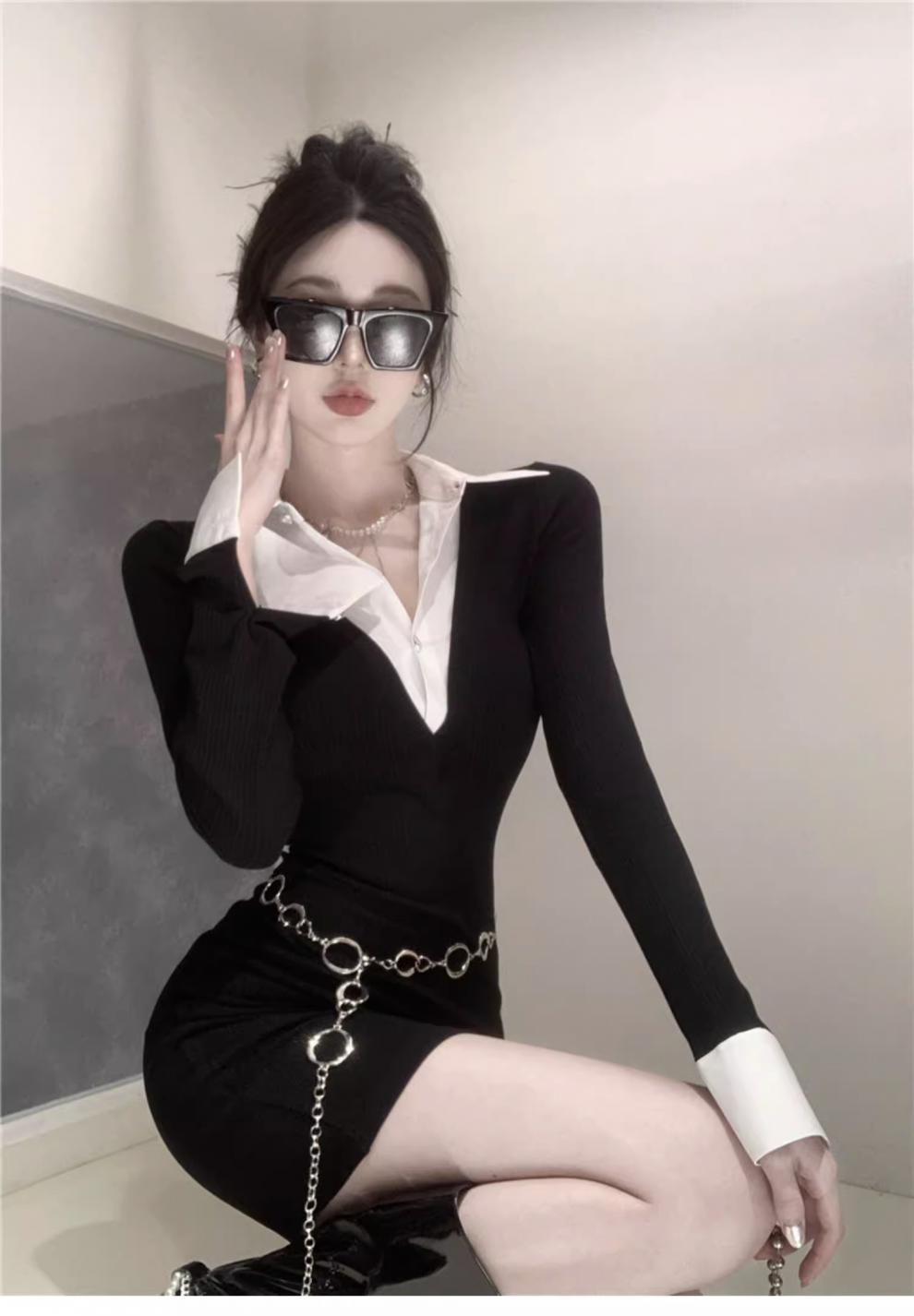 Pure Desire Style Sexy Fake Two Piece Shirts Long sleeved V-neck Dress Spring and Autumn Dress Spicy Girl Wrapped Hip Short Skir