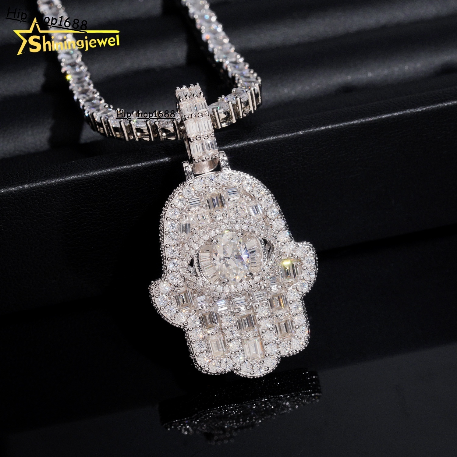 Fully Iced Out Luxury Bling Hip Hop VVS Moissanite Diamond Hamsa Hand 925 Silver Pendant