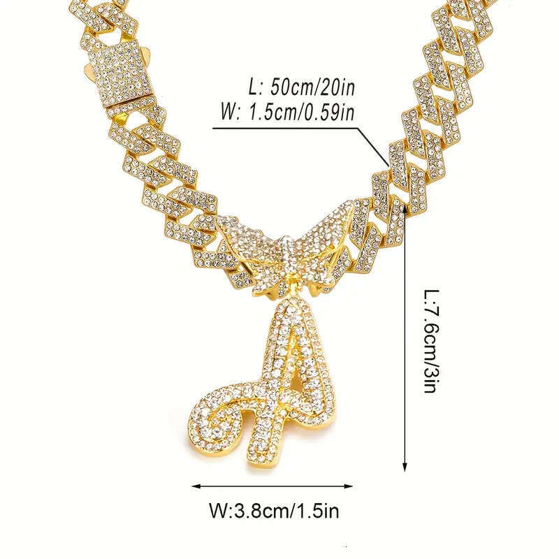 26 Alphabet Alloy Rhinestone Necklace Butterfly Clasp Full Dia Hip Hop Pendant