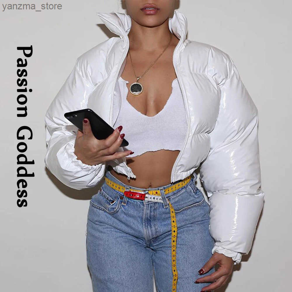 Winter Party Women Bright PU Red Puffer Jackets Warm Puffly Bubble Coats Shiny Black Leather Cropped Jackets Zipper Parkas Down L250730