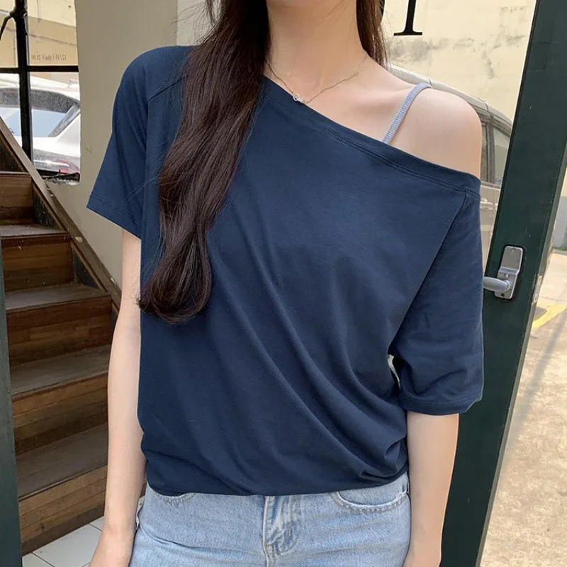 Women Spring Solid Slim Fit Crop Top Sexy Tees Shirts Fashion Skew Collar Offshoulder Longsleeved Tshirts 250729