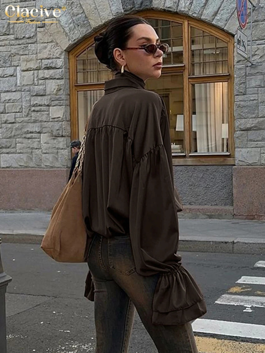 Clacive Fashion Loose Brown Satin Womens Shirt 2025 Elegant Lapel Long Sleeve Shirts Casual Classic Blusas Top Female Clothing 250724