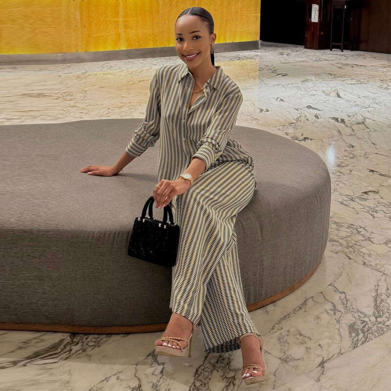 Women's Fashion Black Casual Print Long Sleeve Shirt And Wide Leg Pants Two-Piece Set For Autumn B5