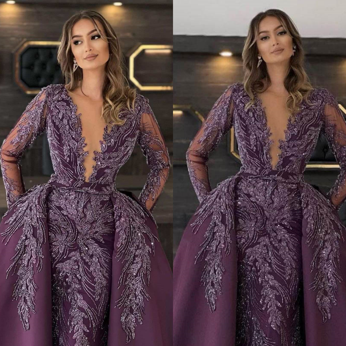 Purple Fashion Customized Mermaid Evening Dresses Elegant Women Crystal Beading Long Sleeves Sweep Train Dress Party Gowns
