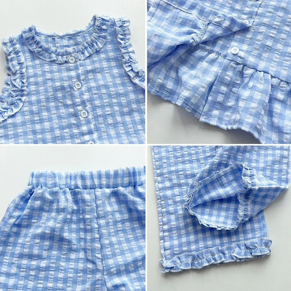 Blue and White Grid Fresh Casual Girls Clothing Lace Sleeveless Single Breasted Vestwide Leg Pants Two-piece Set for Summer 250729