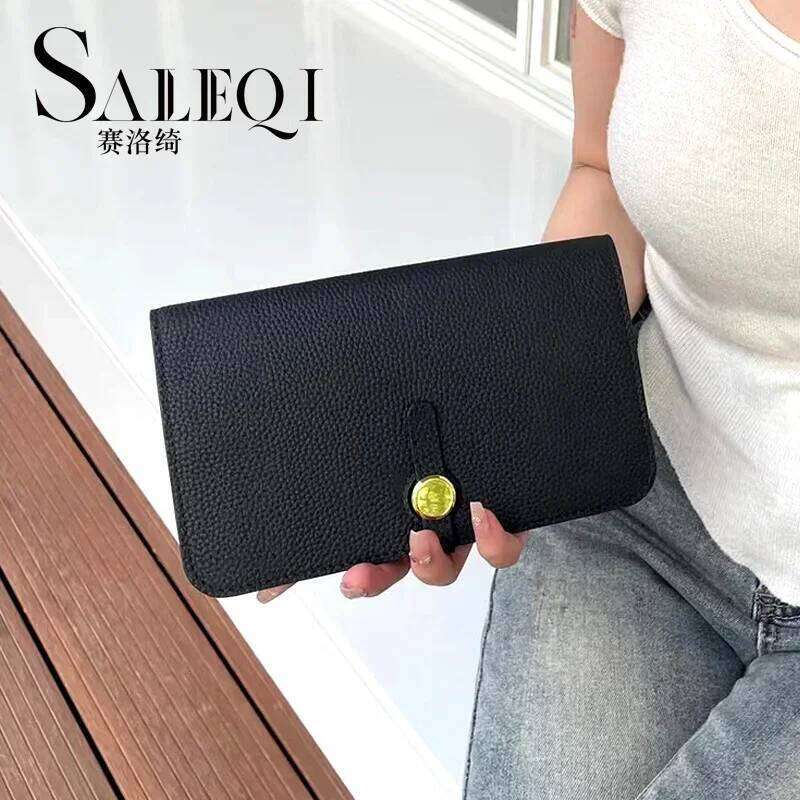 designer bag Genuine leather long lady's handbag with multiple compartments fashionable wallet large capacity thin passport clip gold buckle