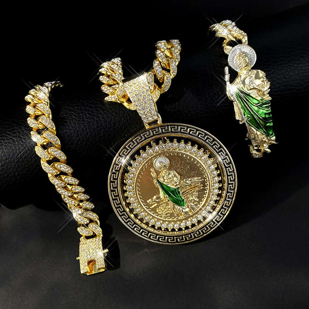 Ins Niche Men Hip-Hop Style Alloy Full Dia Trendy Rotating Saint Jude Pendant Necklace
