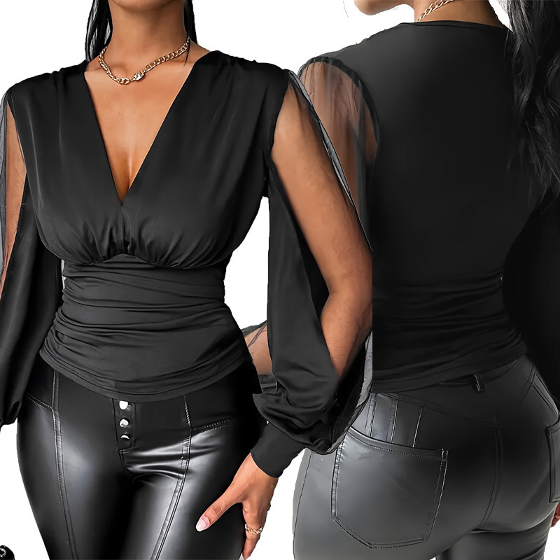 F2063 Summer Womens V-neck Solid Color Elegant Mesh Patchwork Waist-cinching Top