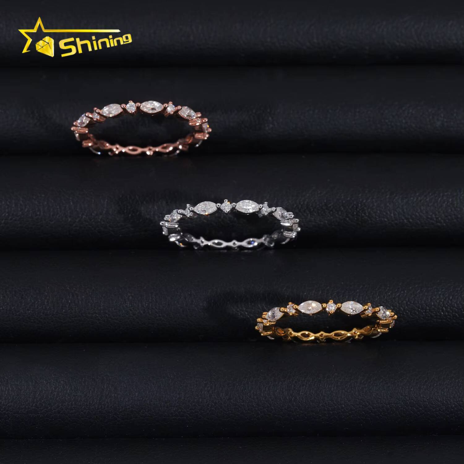 Simple Designs Marquise Cut Bezel Band VVS Moissanite Engagement Ring Gold Plated 18K 925 Sterling Silver Wedding Rings