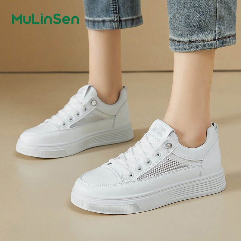 Mulinsen women's shoes summer mesh breathable white shoes thick-soled thin versatile sneakers one-step casual sports shoes