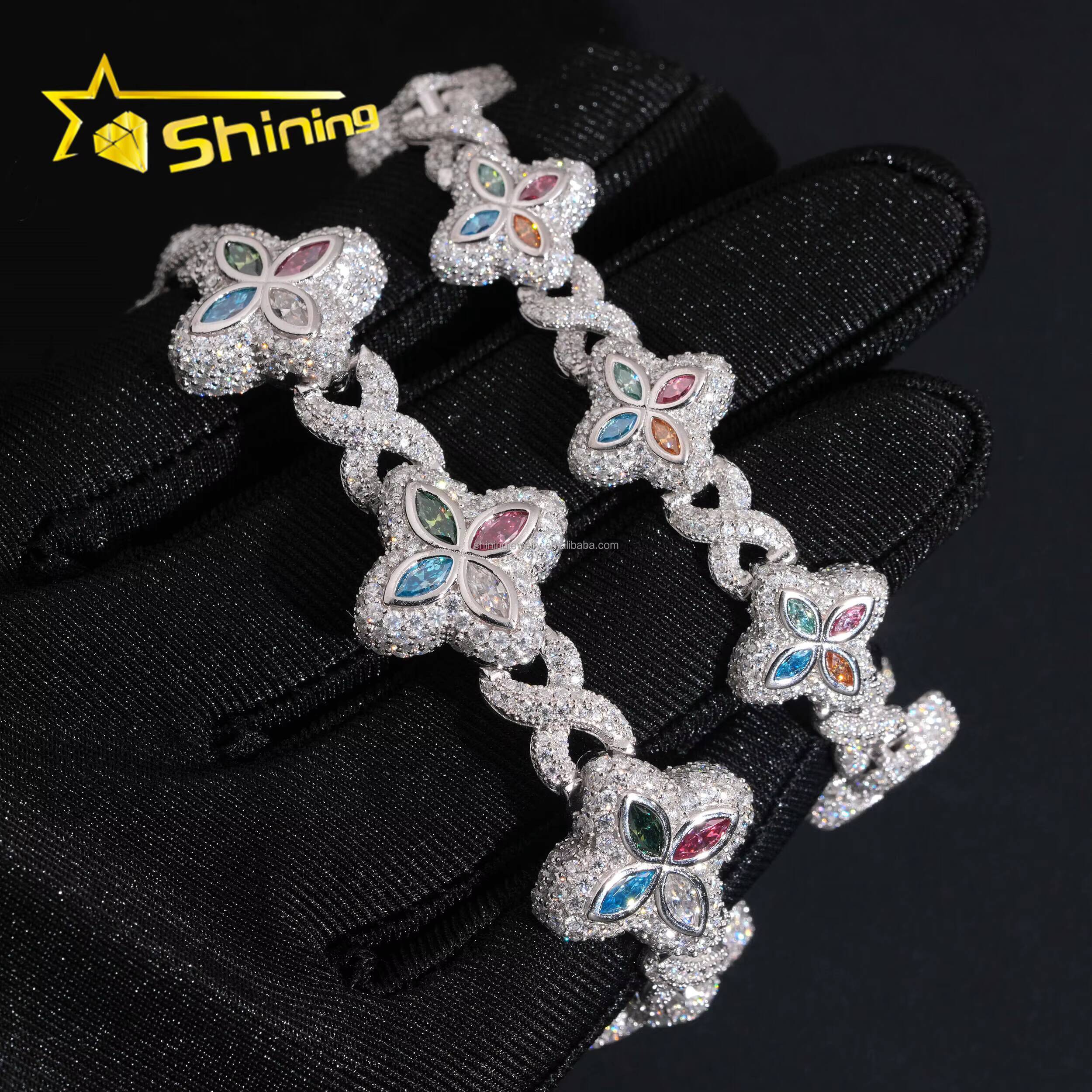 Unique Design Luxury Jewelry Hot Selling Hip Hop Mulit Color Marquise Moissanite Iced Out S925 Silver Cuban Clover Bracelet Men